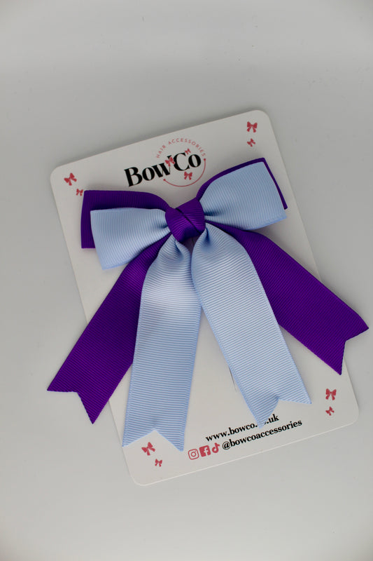 Double Ribbon Tail School Hair Bow – Clip - Purple and Bluebell