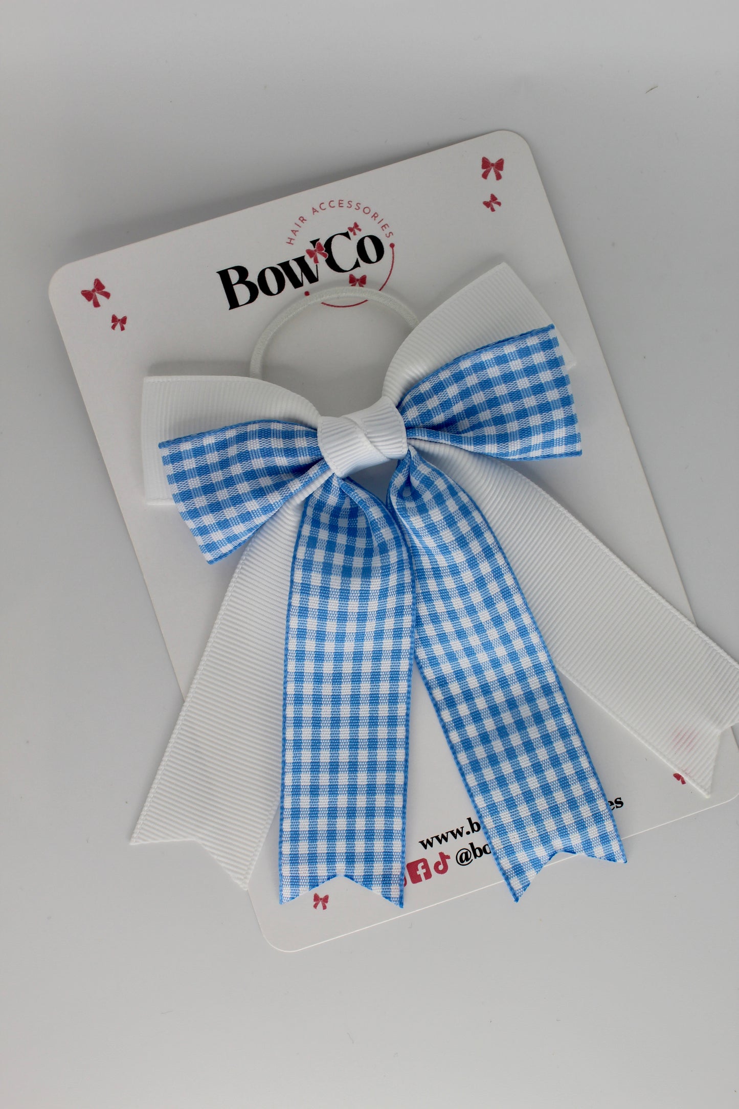 Double Ribbon Tail Bow - Light Blue Gingham - Elastic