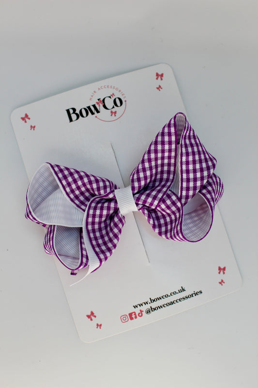 School Purple and White Gingham Loop Bow - Clip