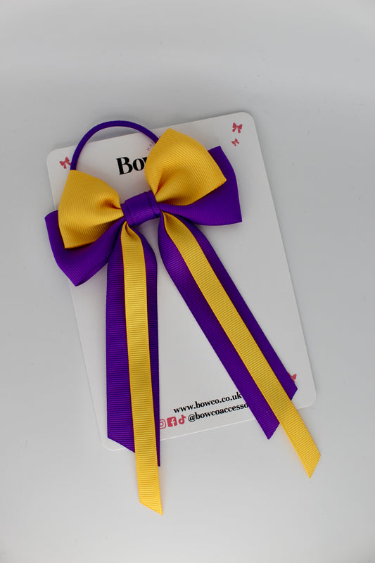 Streamer Tail School Hair Bow – Elastic - Purple and Yellow Gold