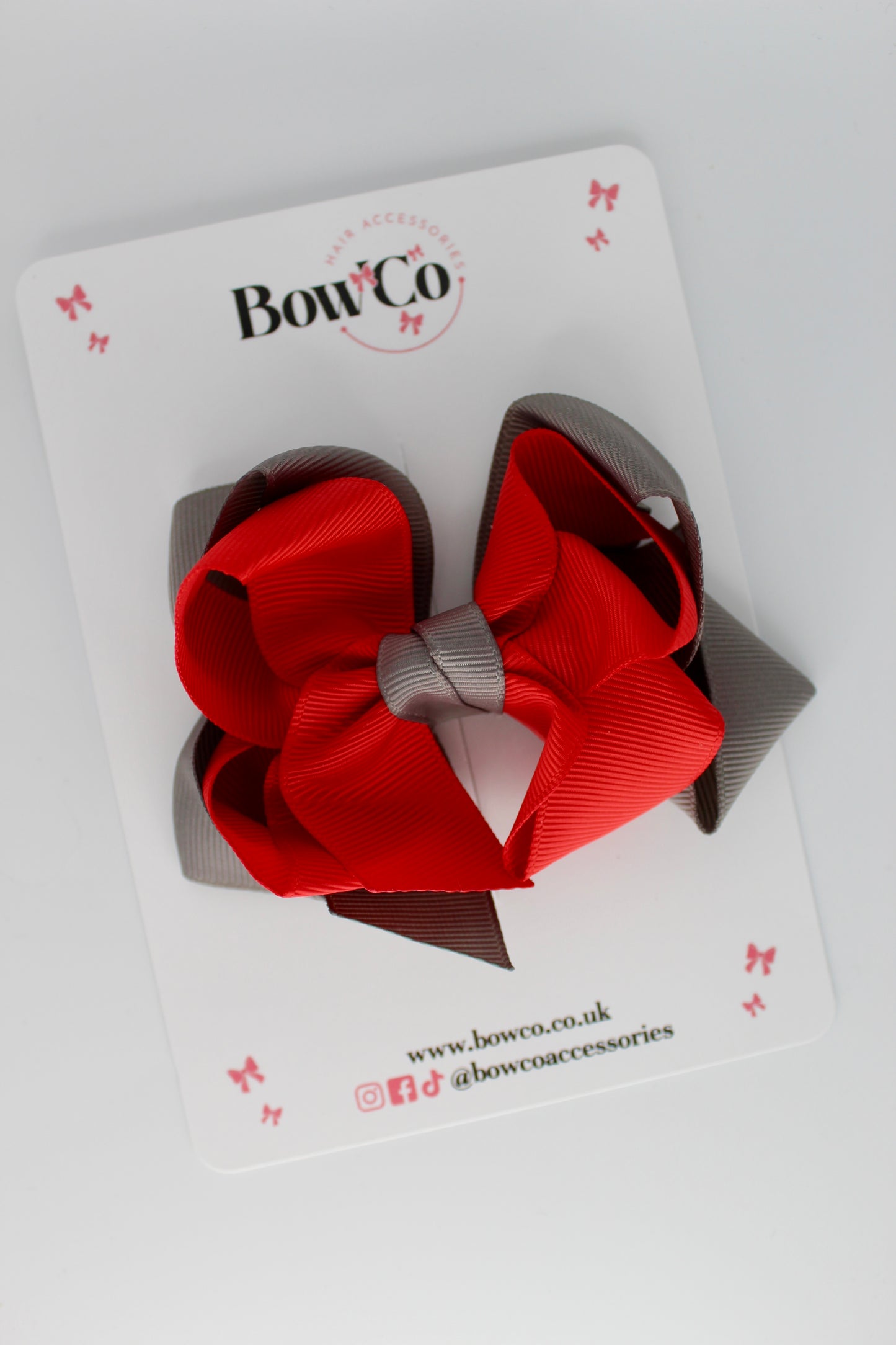 Double Loop School Hair Bow - Red and Metal Grey