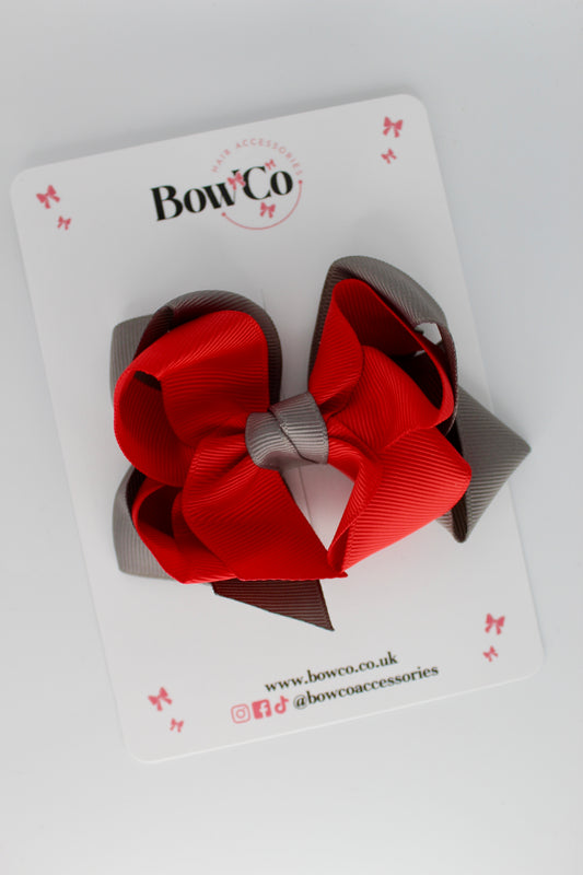 Double Loop School Hair Bow - Red and Metal Grey