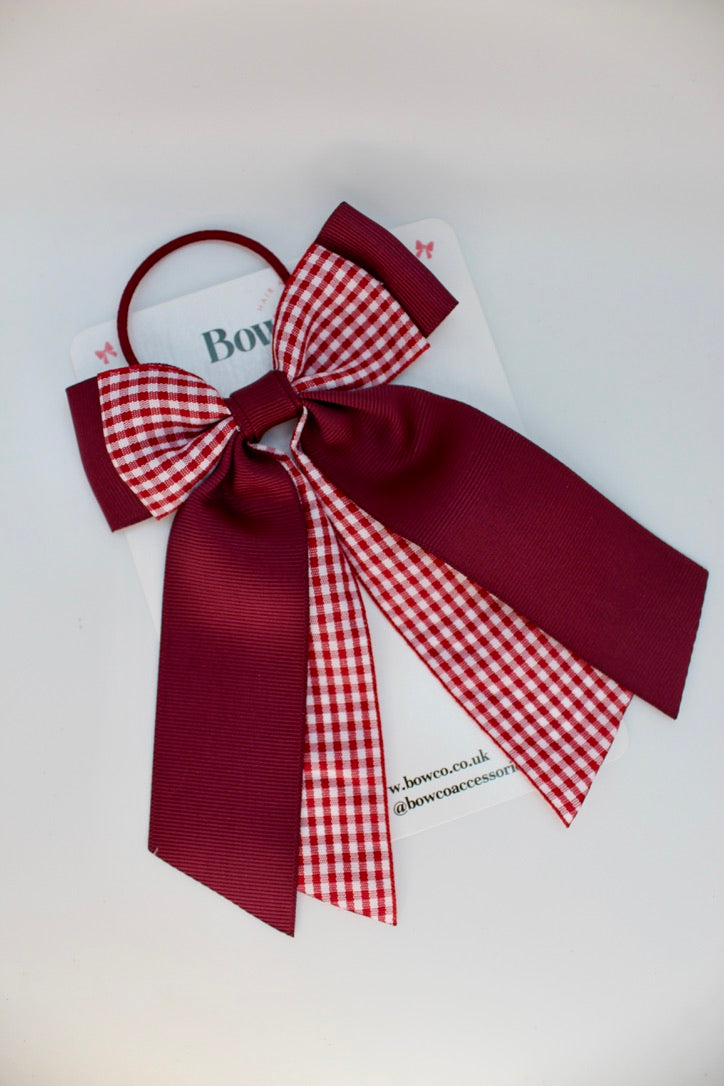 Double Layer Tail Bow - School Bow Burgundy Gingham - Elastic