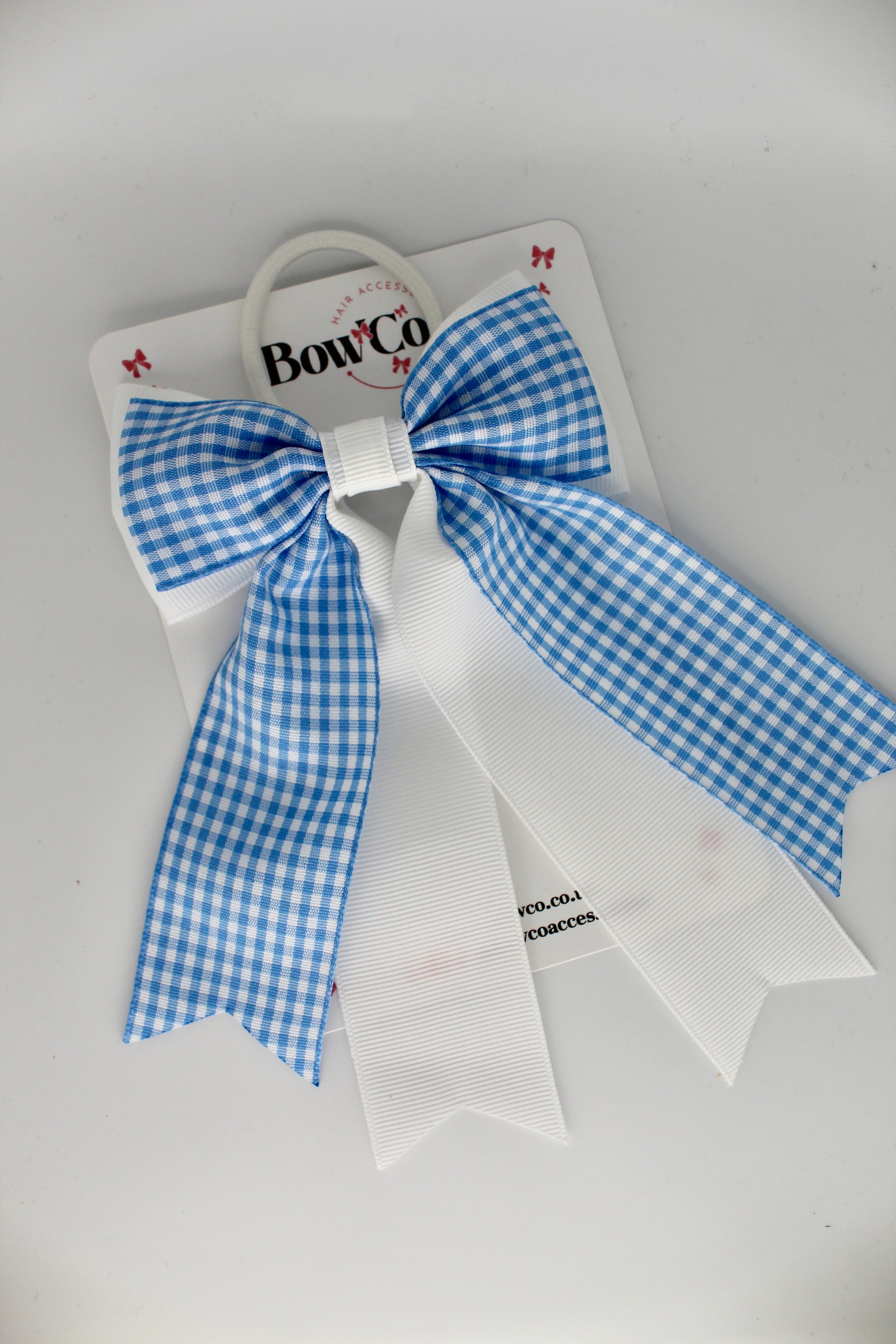 Classic Tail Bow - Light Blue Gingham - Elastic