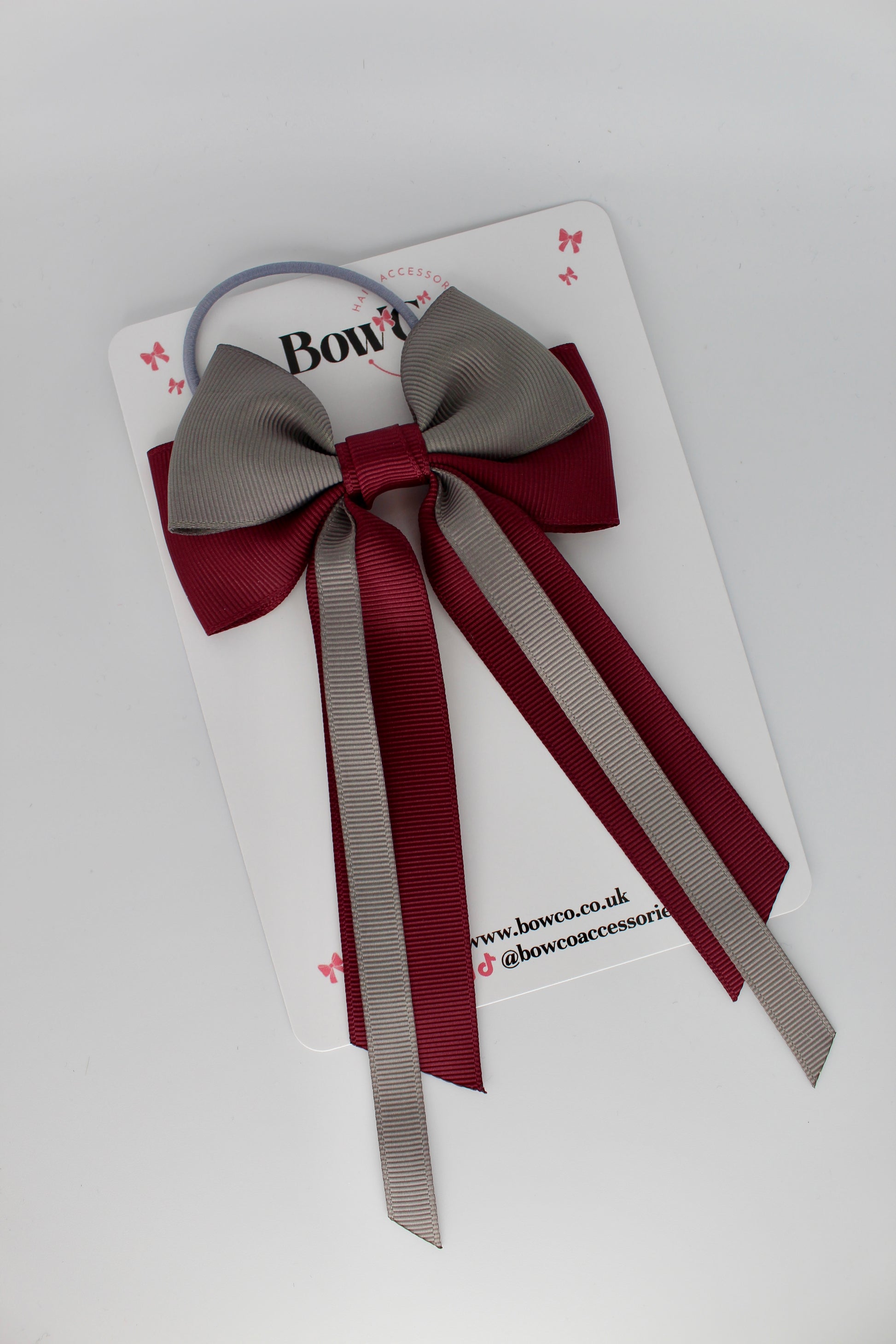 Streamer Tail School Hair Bow – Elastic - Burgundy and Metal Grey