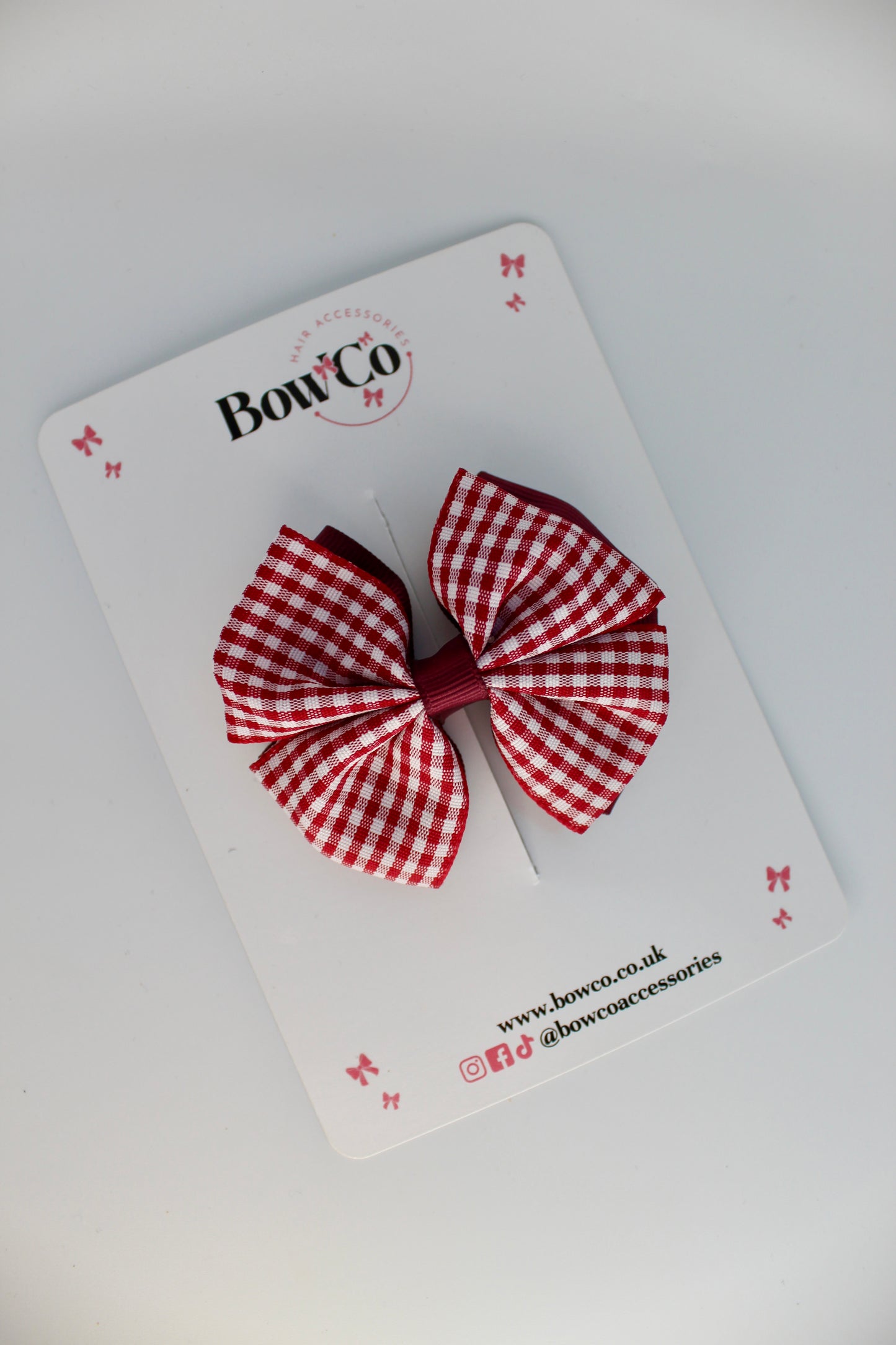 School Burgundy Gingham Double Bow Clip