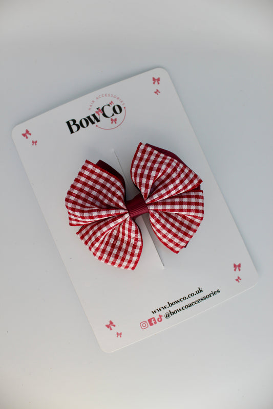 School Burgundy Gingham Double Bow Clip