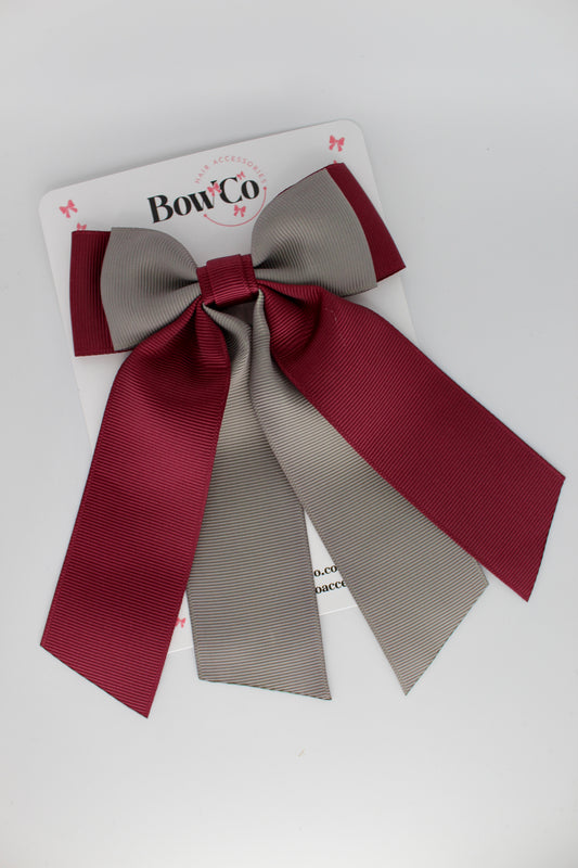 Double Layer Tail Bow - Clip - Burgundy and Metal Grey