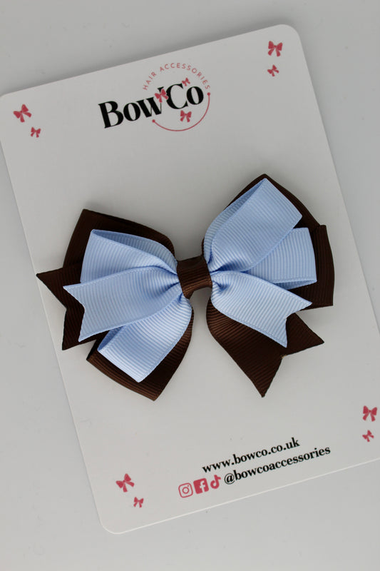 3 Inch Double Tail Bow - Clip - Bluebell and Brown