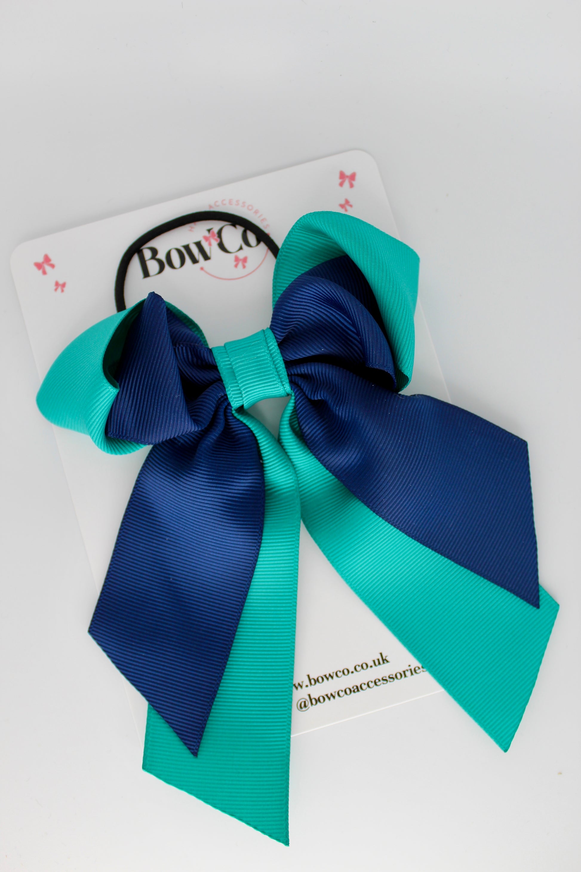 Layer Loop Tail Hair Bow - Elastic - Jade Green and Navy Blue