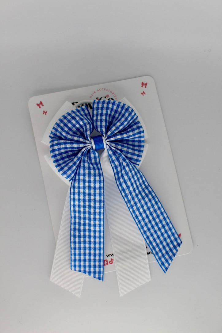 School Royal Blue Gingham Layer Edge Tail Bow - Elastic