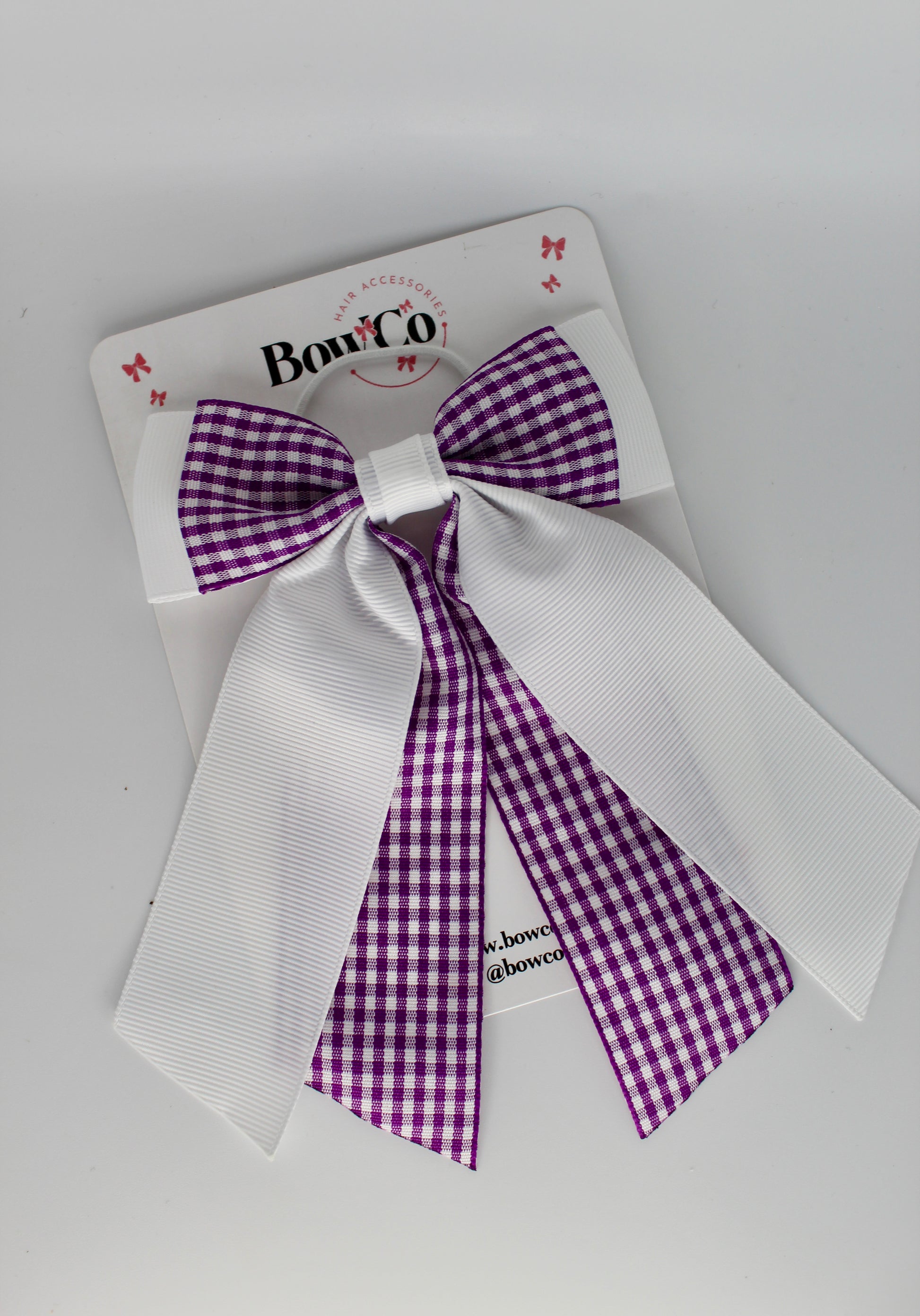 Double Layer Tail Bow - School Bow Purple and White Gingham - Elastic
