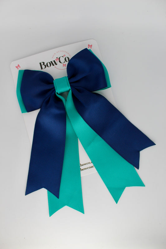 Classic Tail Bow - Clip - Jade Green and Navy Blue