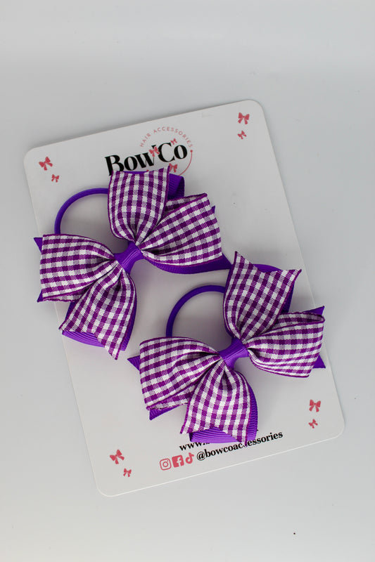 School Bow Purple Gingham Layer Tail Bow Set - Elastic