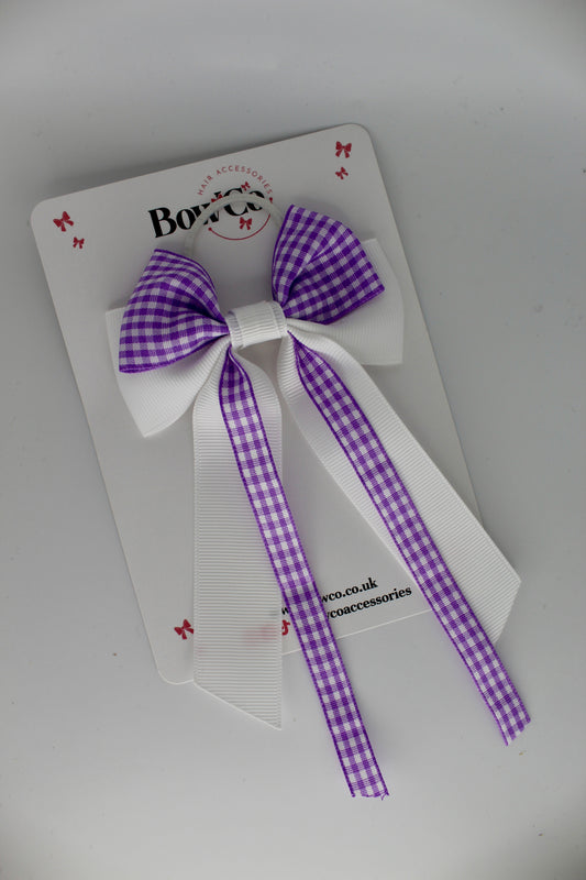 Streamer Tail Bow - Lilac Gingham - Elastic