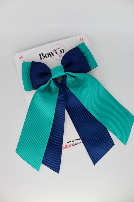 Double Layer Tail Bow - Clip - Jade Green and Navy Blue