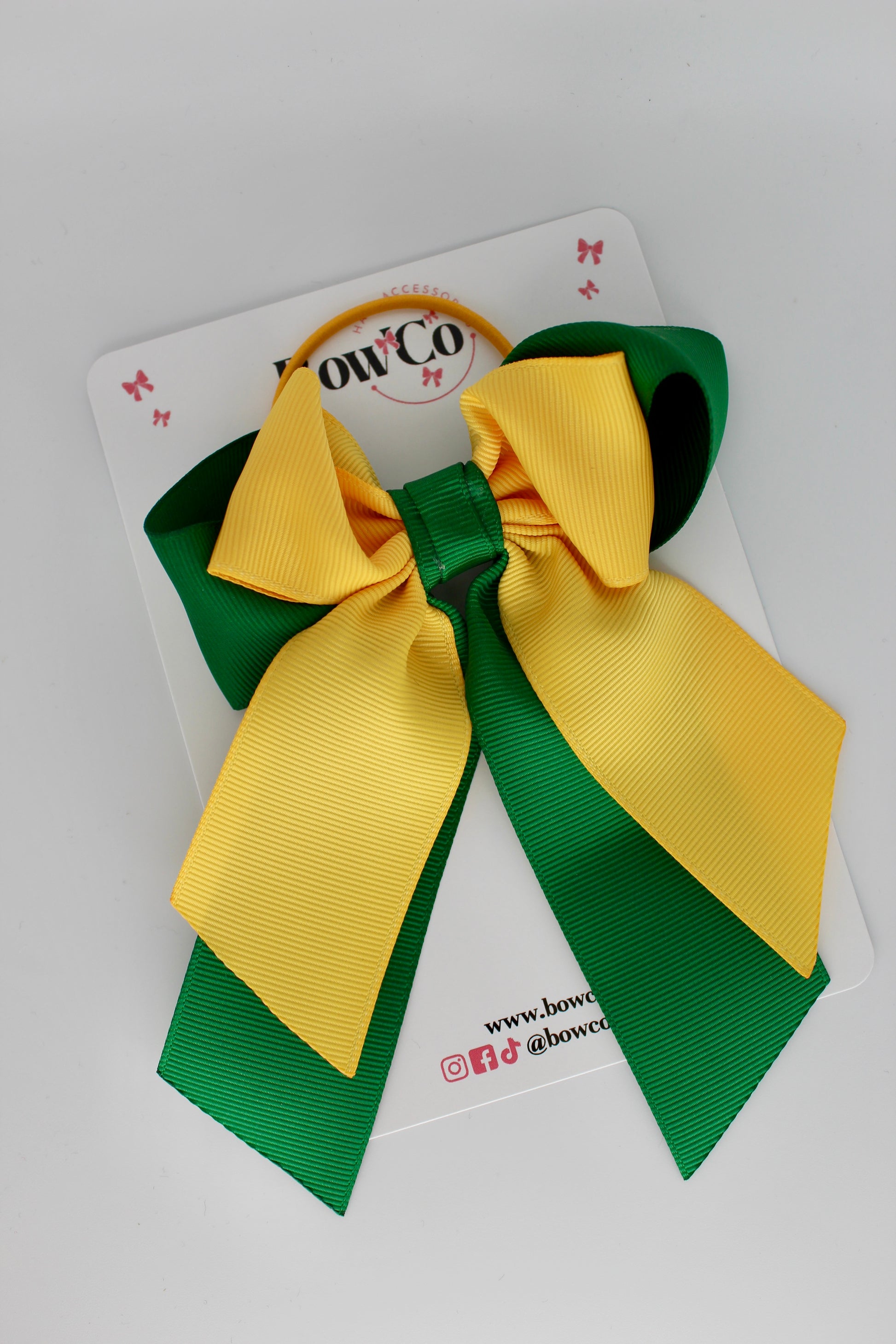 Layer Loop Tail Hair Bow - Elastic - Forest Green and Yellow Gold