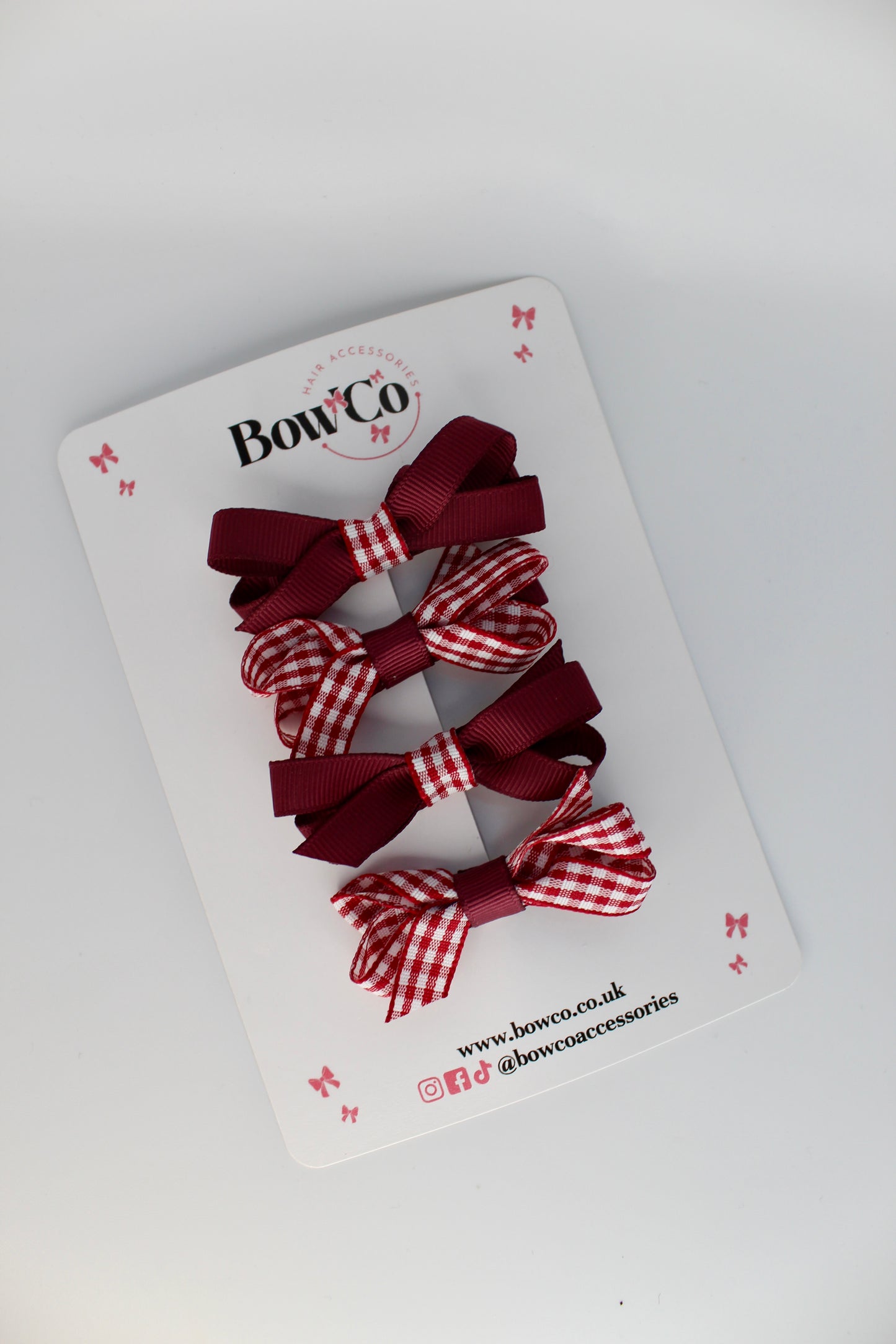 School Burgundy Gingham Ballerina Bow Set of 4 - Clip