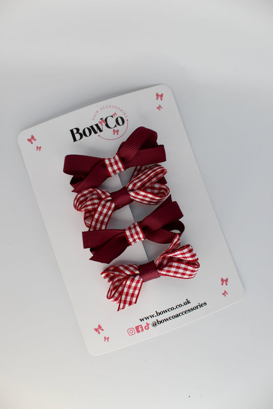 School Burgundy Gingham Ballerina Bow Set of 4 - Clip
