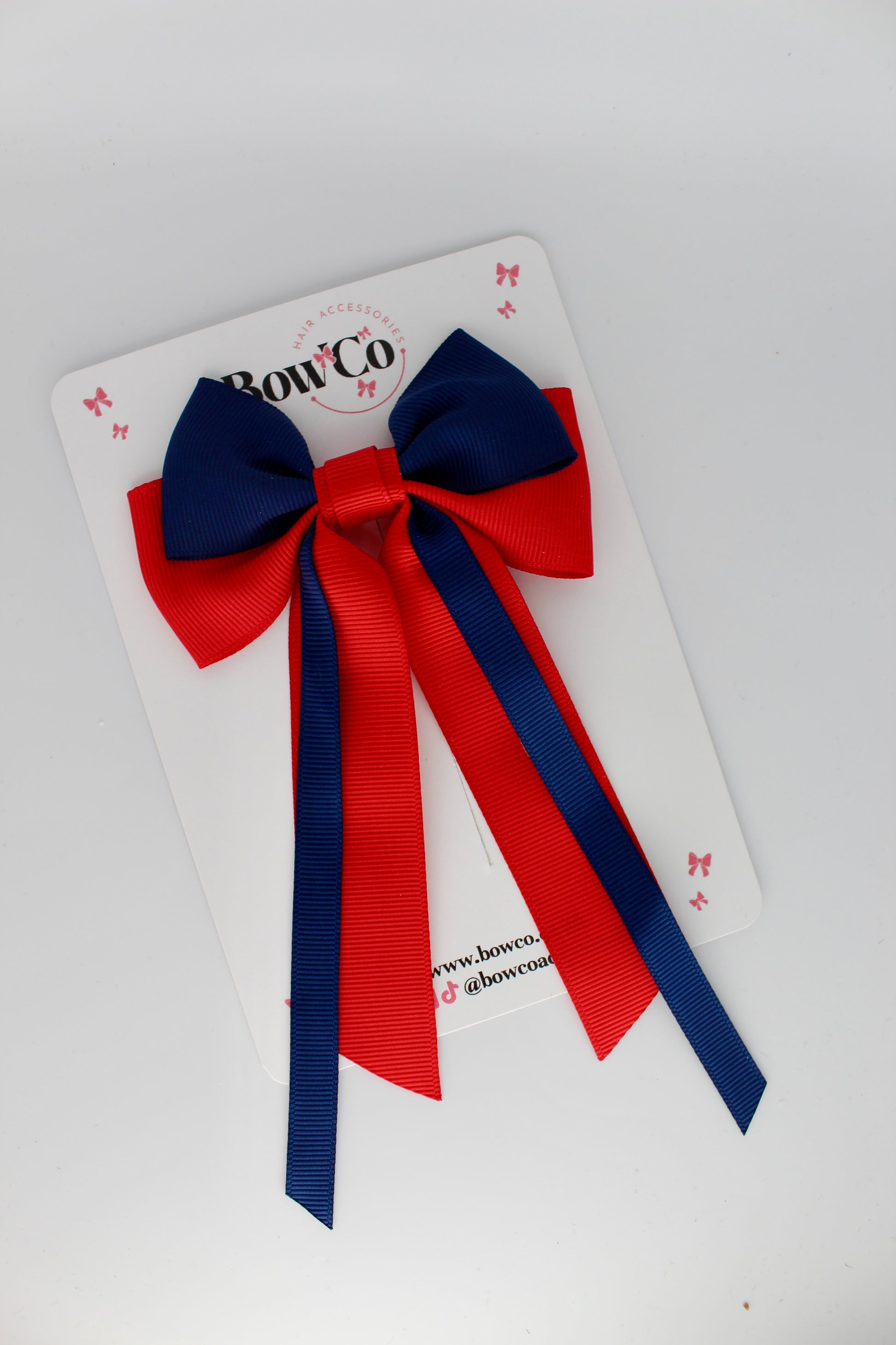 Streamer Tail Bow - Clip - Red and Navy Blue