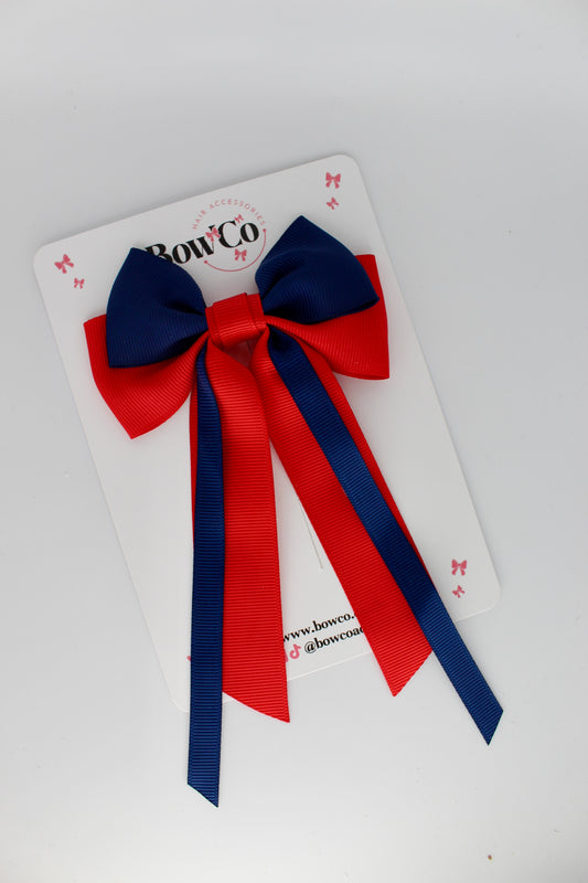 Streamer Tail Bow - Clip - Red and Navy Blue