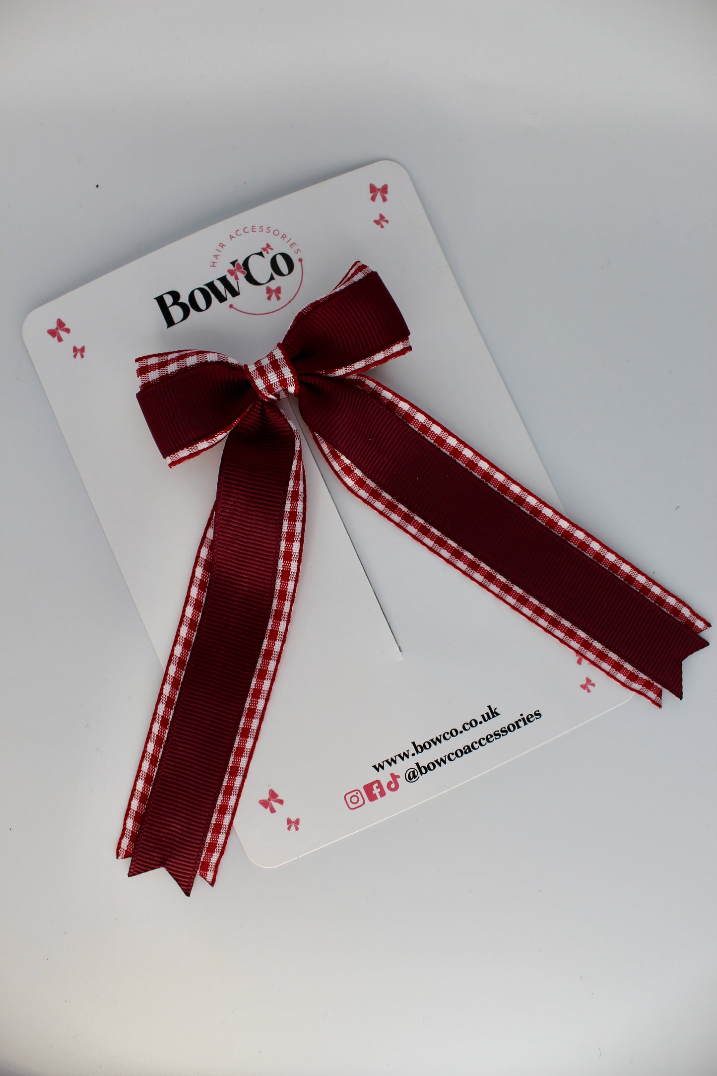 School Burgundy Gingham Tuxedo Tail Bow - Clip