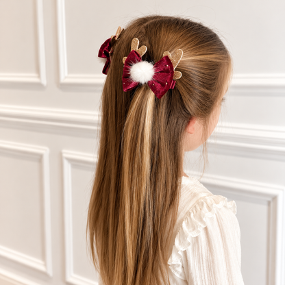 Ultimate Christmas Reindeer Velvet Hair Bows – Gold Antlers & Pom Poms | Pack of 2