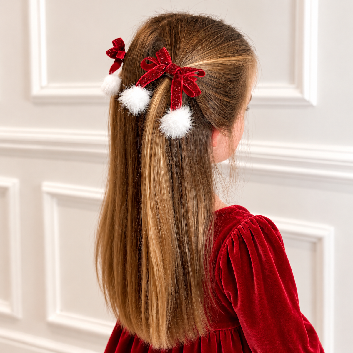 Christmas Velvet Pom Pom Hair Bows – Red Festive Hair Clips | Pack of 2