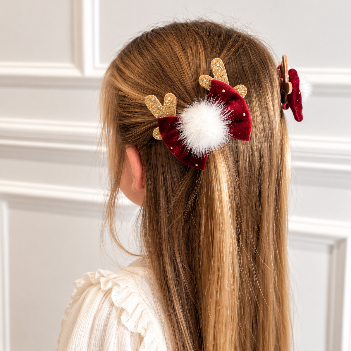 Ultimate Christmas Reindeer Velvet Hair Bows – Gold Antlers & Pom Poms | Pack of 2