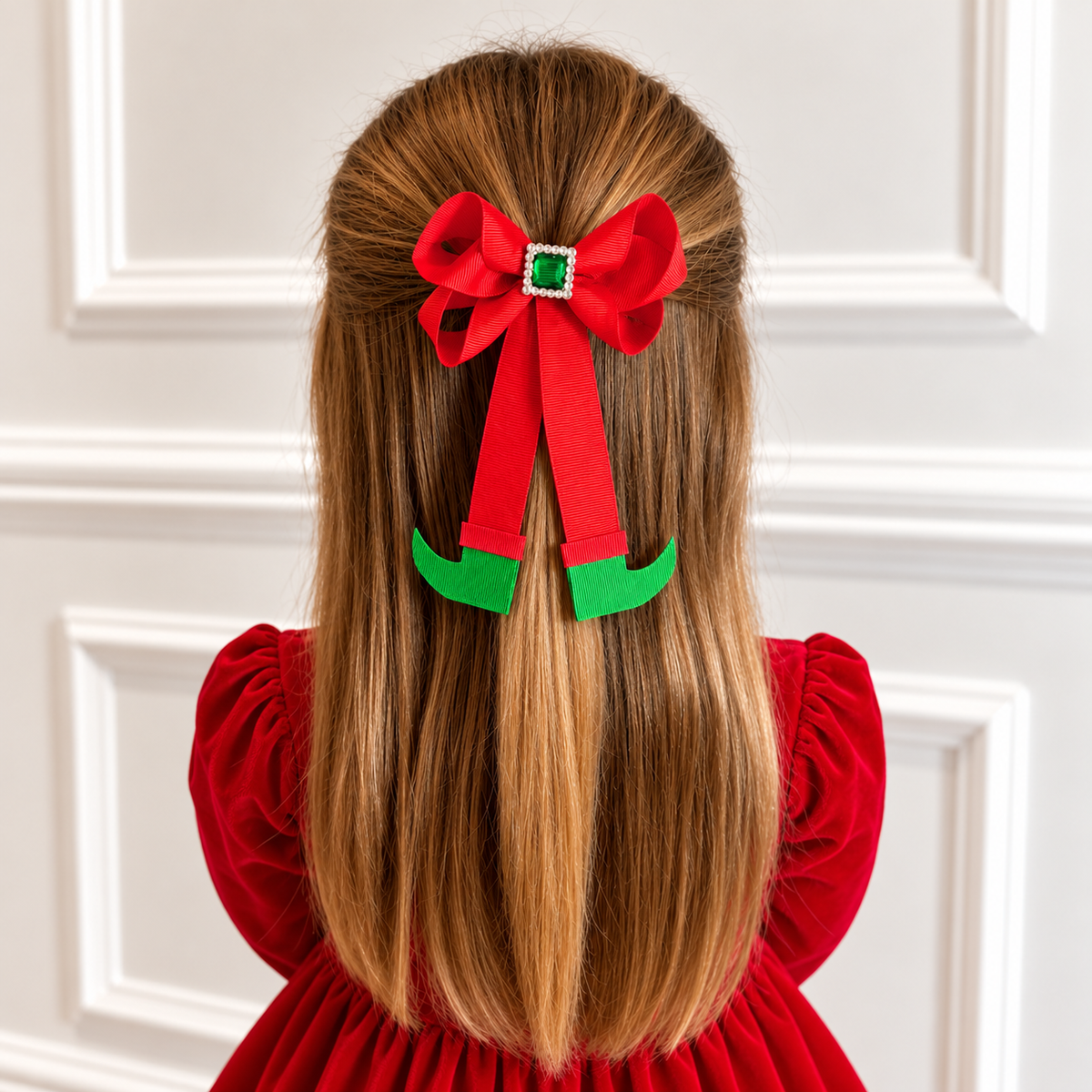Christmas Elf Legs Hair Bow – Red & Green Festive Hair Clip