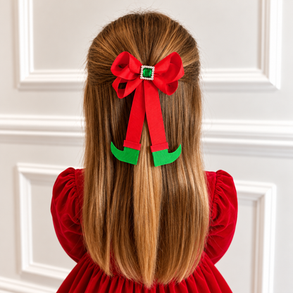 Christmas Elf Legs Hair Bow – Red & Green Festive Hair Clip