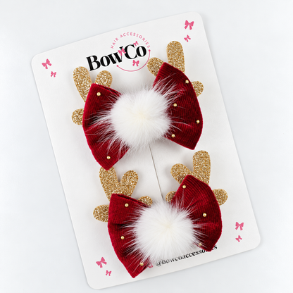 Ultimate Christmas Reindeer Velvet Hair Bows – Gold Antlers & Pom Poms | Pack of 2