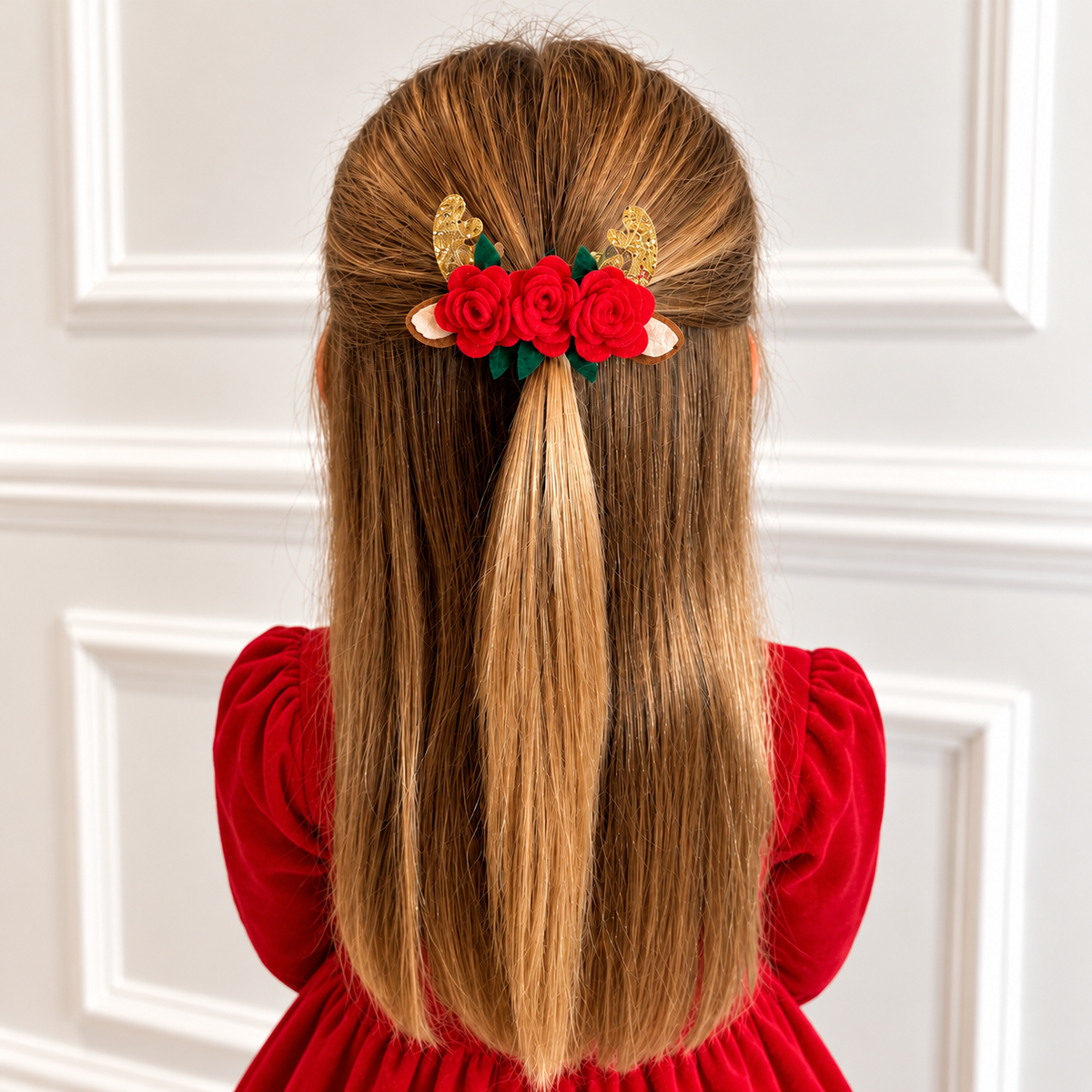 Christmas Reindeer Antler & Red Rose Hair Clip – Festive Girls' Hair Accessory