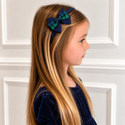 Navy Blue Tartan Bow Hair Band