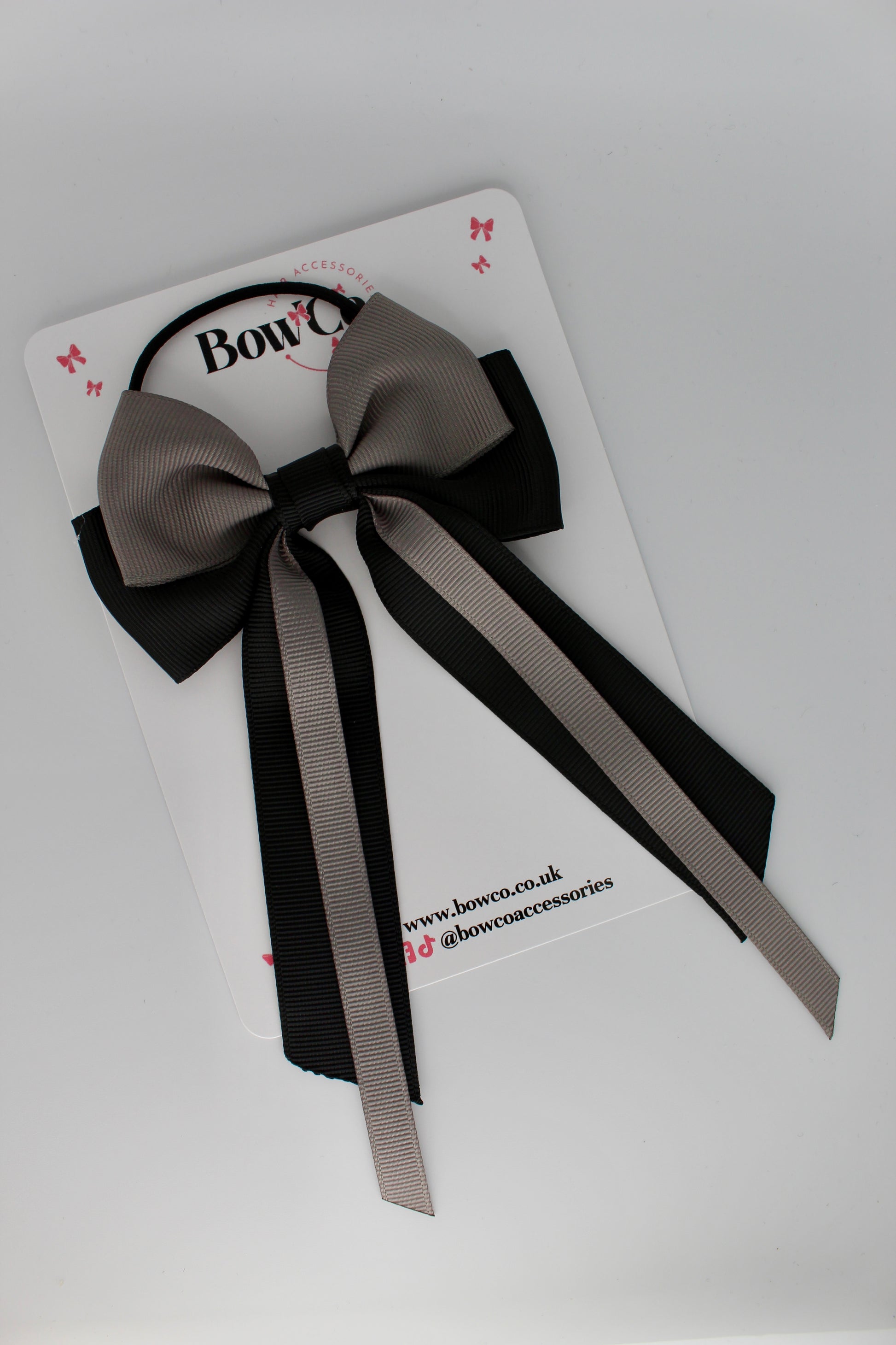 Streamer Tail School Hair Bow – Elastic - Black and Metal Grey