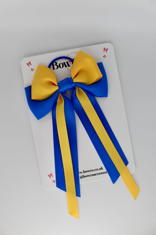 Streamer Tail School Bow - Elastic - Royal Blue and Yellow Gold
