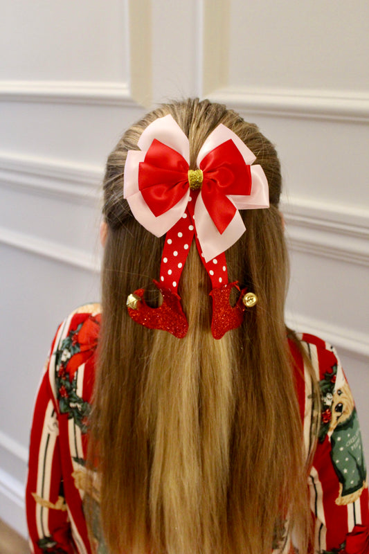 Pink & Red Polka Dot Elf Boot Bow