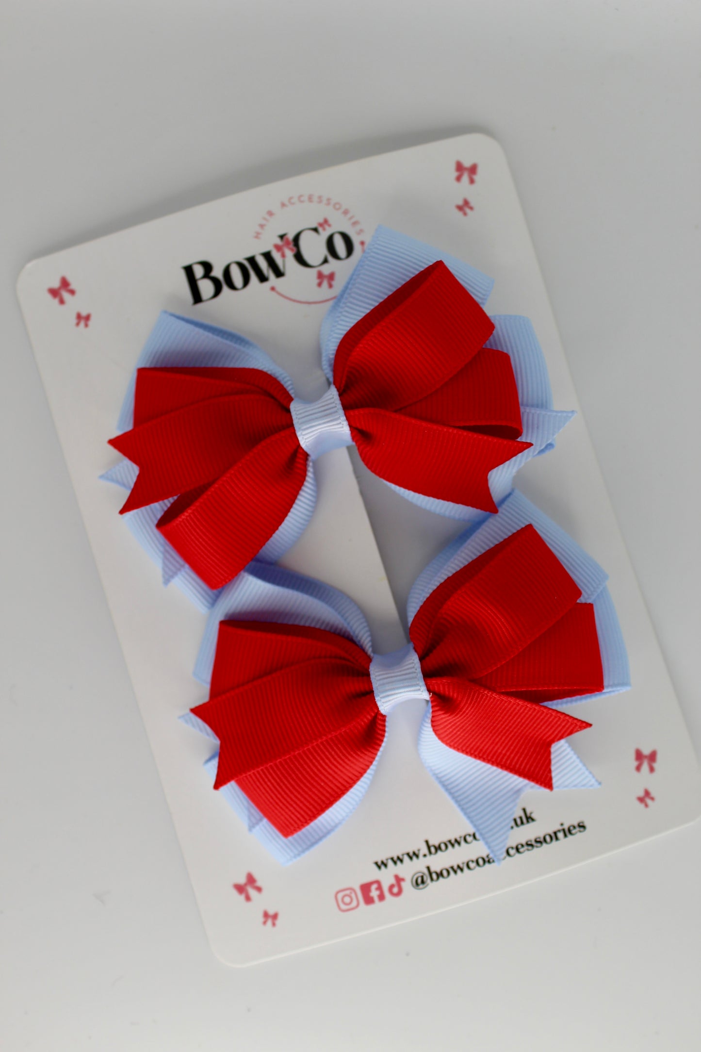 School Bows Double Tail Bow Set - Clip - Red and Bluebell
