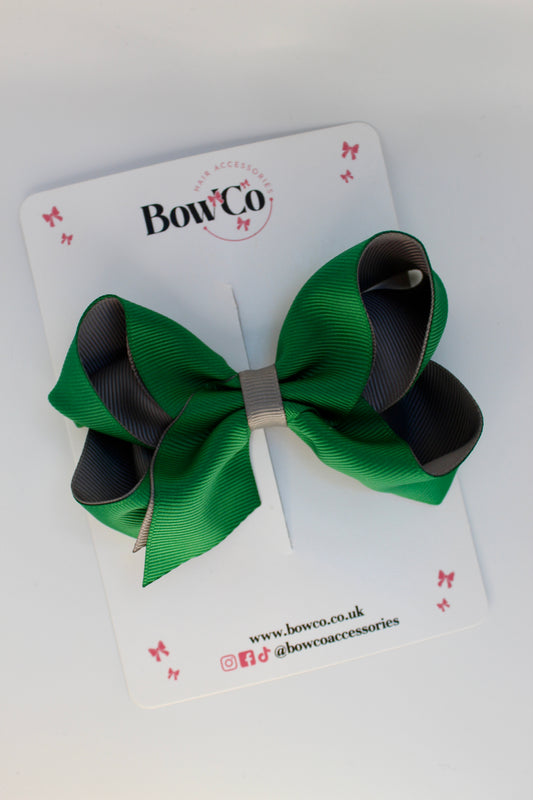 School Forest Green and Grey Bow - Loop Bow - Clip