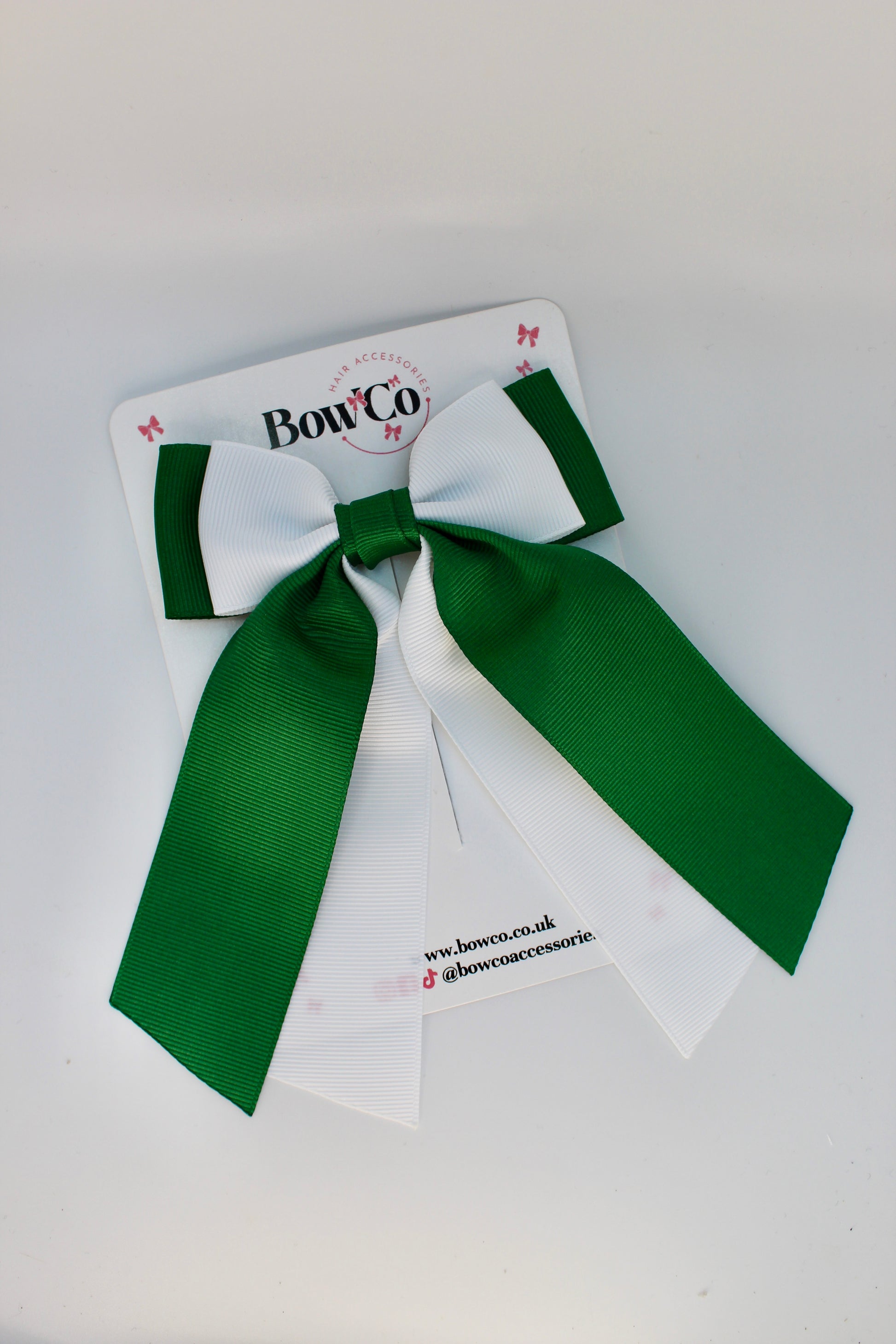 School Green and White Bow - Double Layer Tail Bow - Clip