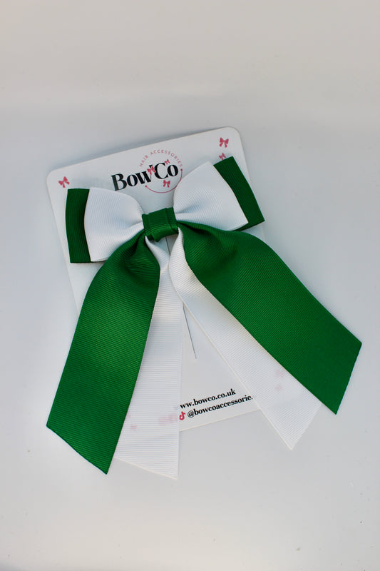 School Green and White Bow - Double Layer Tail Bow - Clip