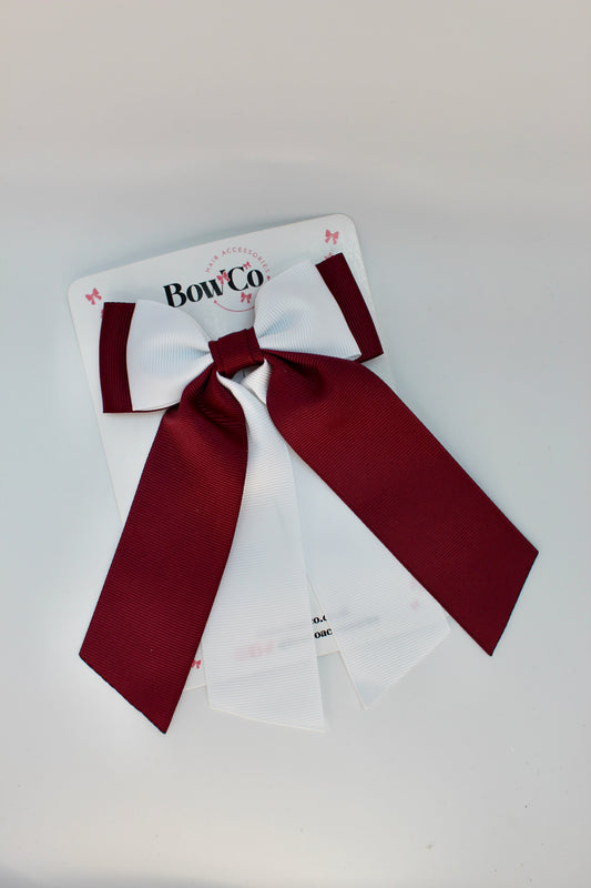 School Burgundy and White Bow - Double Layer Tail Bow - Clip