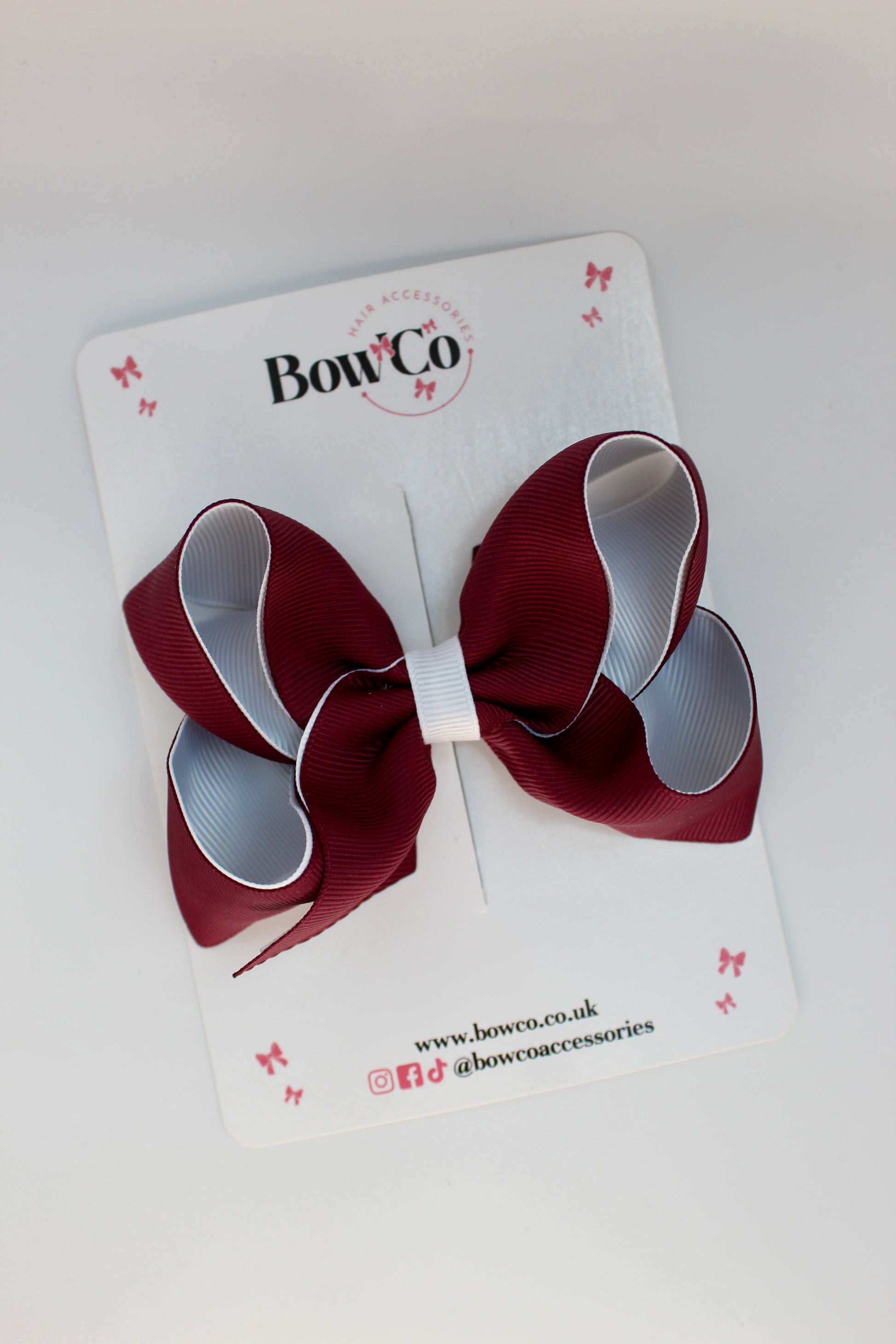 School Bow Burgundy and White - Loop Bow - Clip