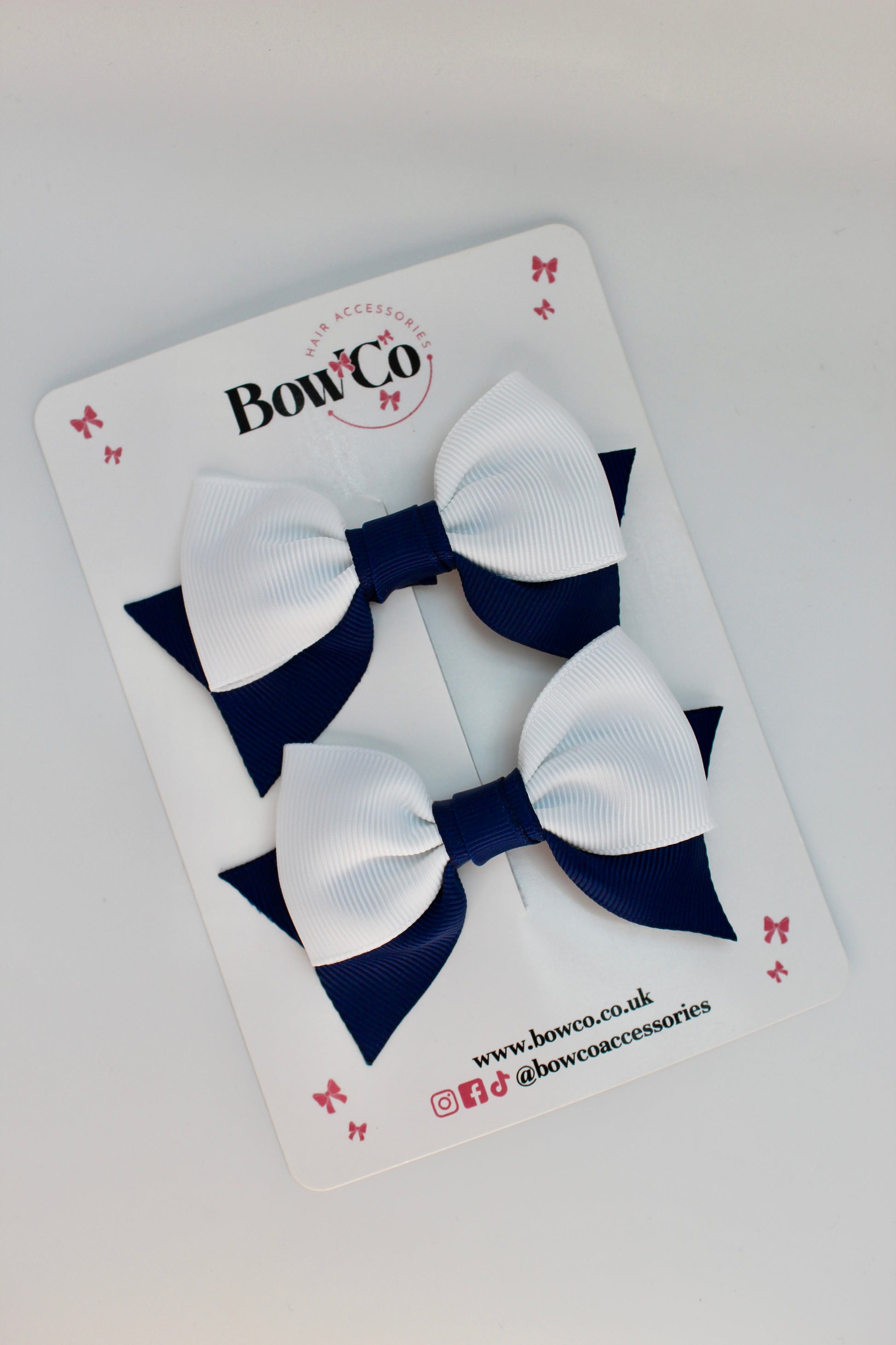 School Navy Blue and White Bows - Bow Tail Set - Clip