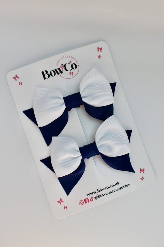 School Navy Blue and White Bows - Bow Tail Set - Clip