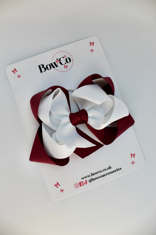School Burgundy and White Bow - Double Loop Bow - Elastic