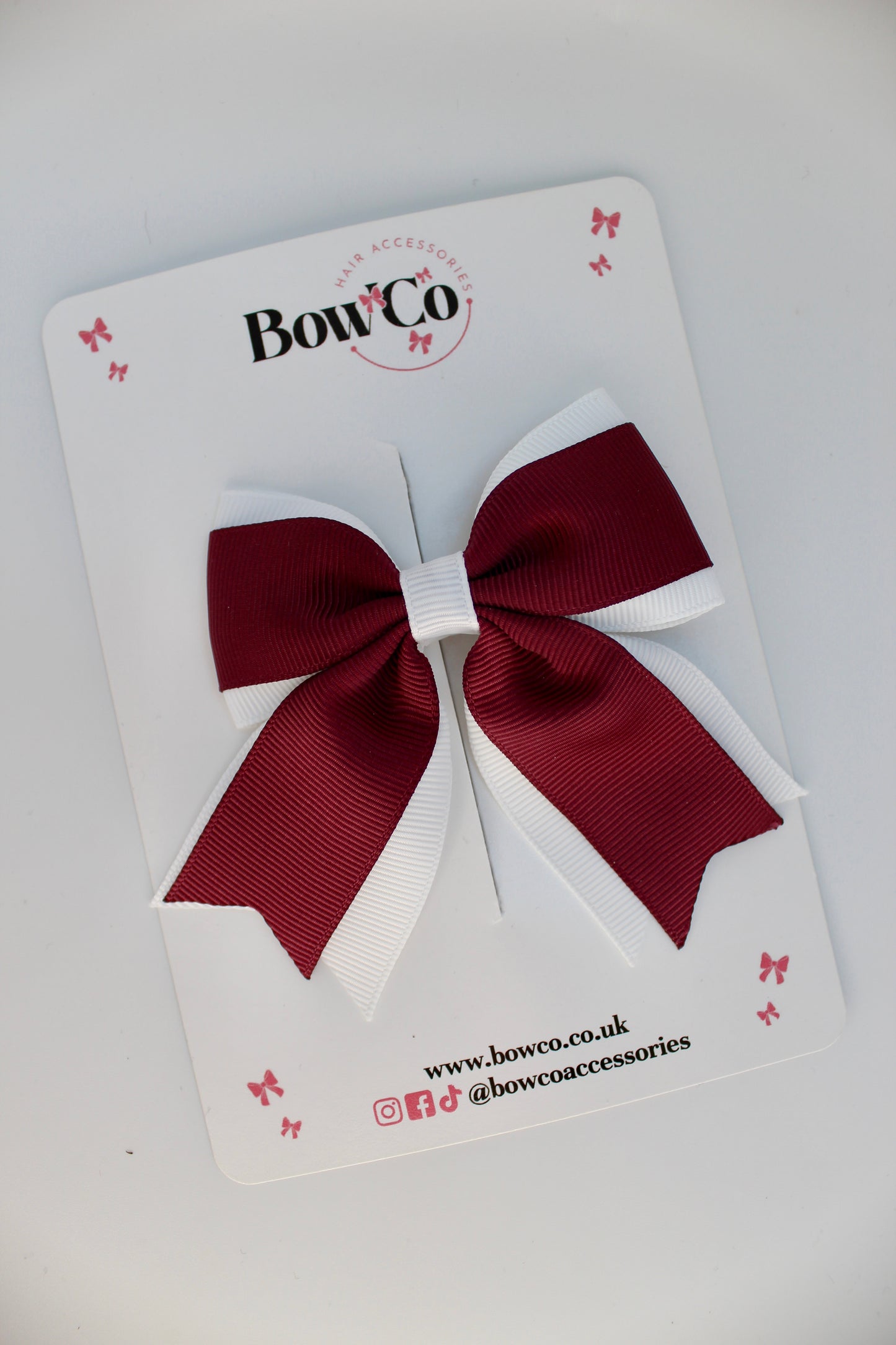 School Bow Burgundy and White - Tail Bow Clip