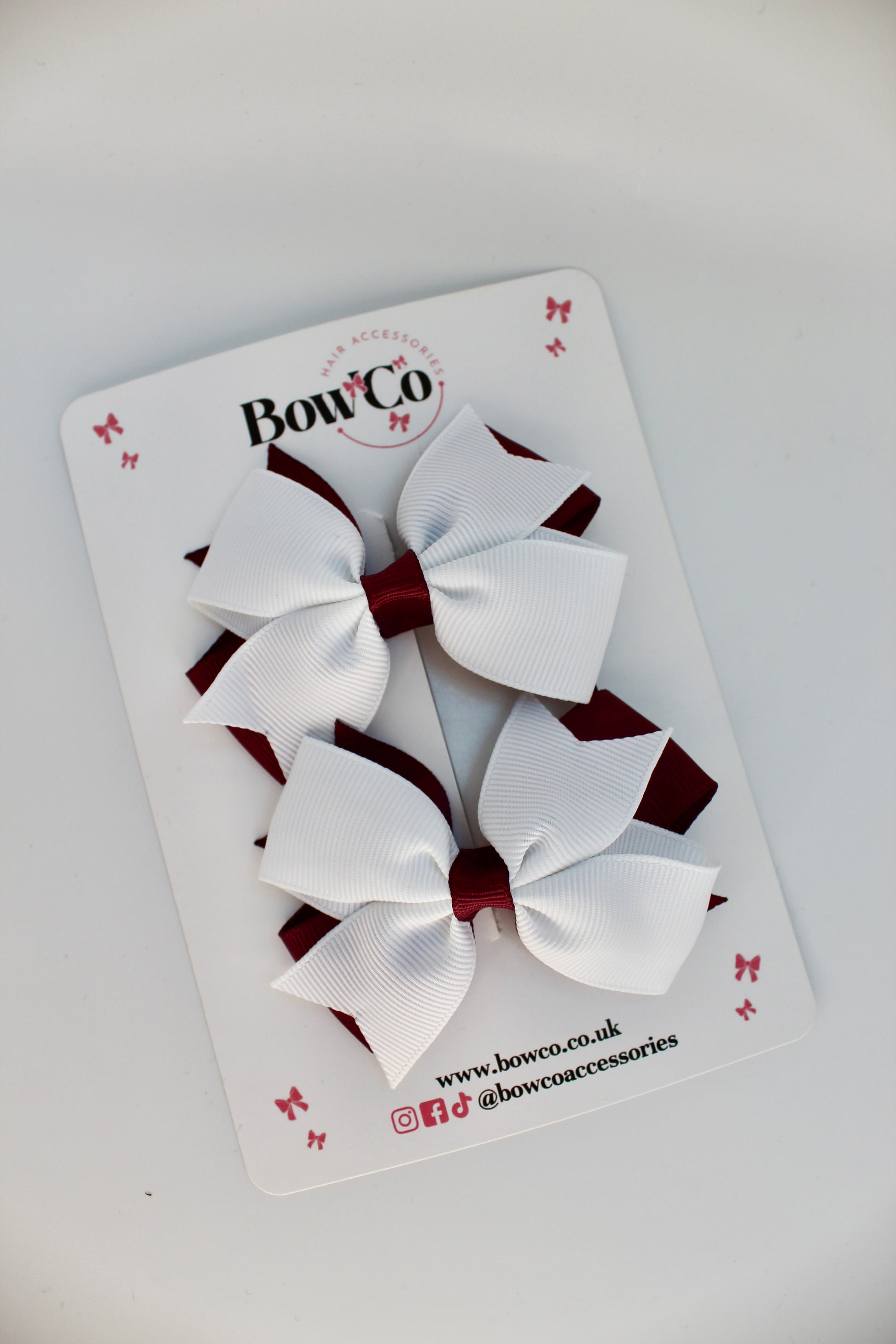 School Bow Burgundy and White - Layer Tail Bow Set - Clip