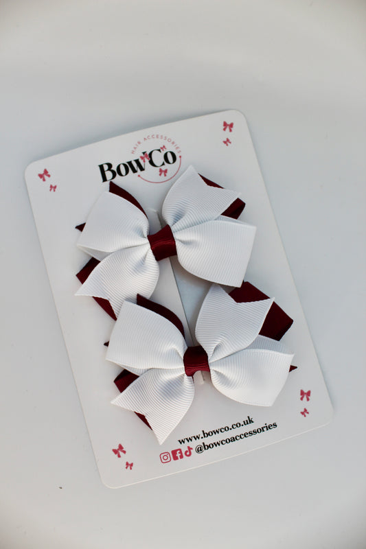 School Bow Burgundy and White - Layer Tail Bow Set - Clip