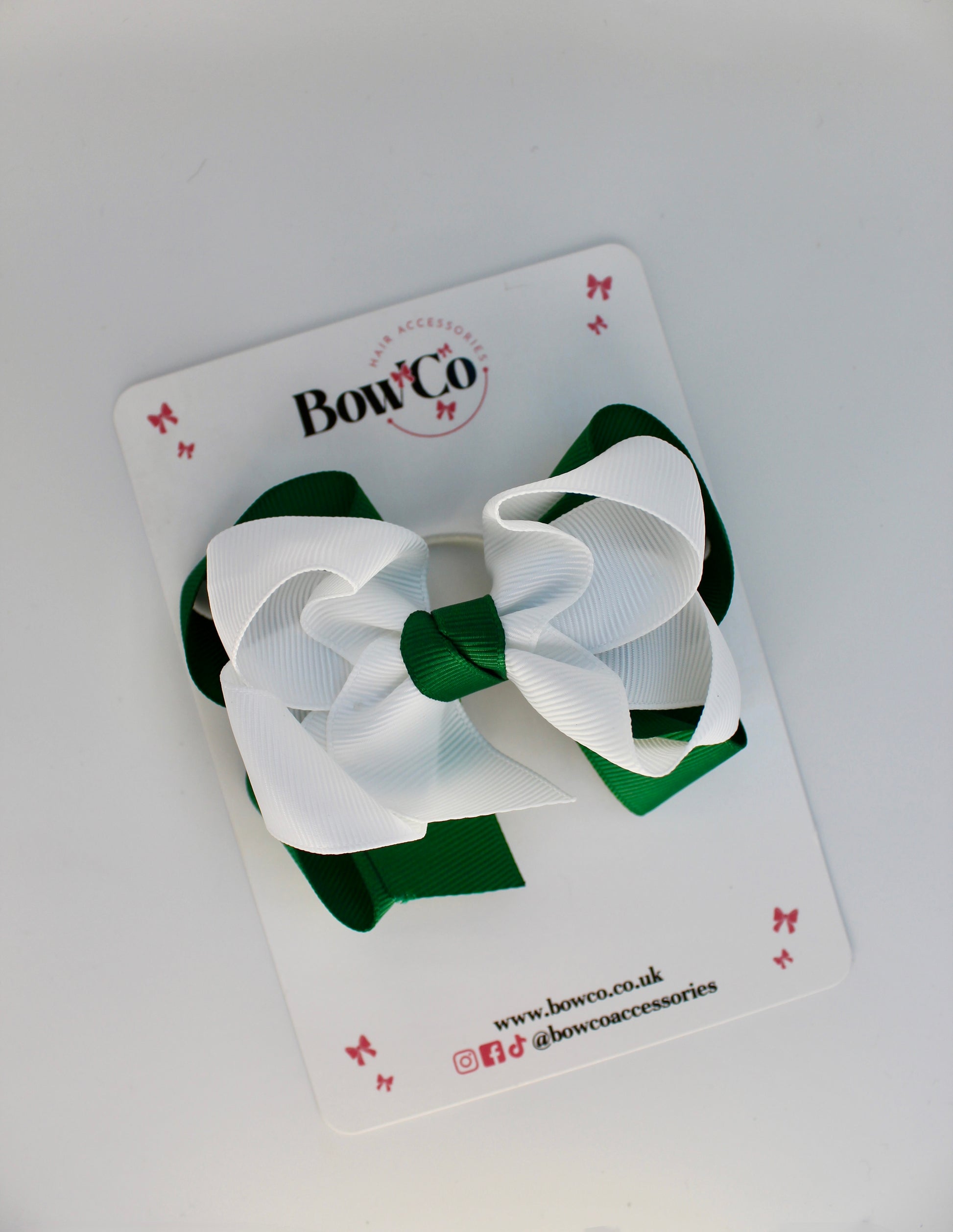 School Green and White Bow - Double Loop Bow - Elastic